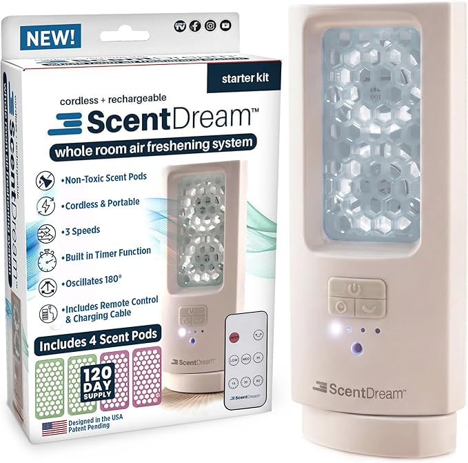 ScentDream Cordless Electric Air Freshener Starter Kit – Rechargeable, 180-Degree Oscillation, Non-Toxic Aroma Pods, Remote Control, 4 Scent Refill Pads, 120-Day Supply – Great Housewarming Gift Idea