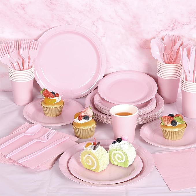 Kochorie 169 Pieces Light Pink Party Supplies Disposable Dinnerware Set Include Plates and Cups Napkins Plastic Forks Knives Spoons Tablecloth for Wedding Birthday Party Decorations, Serve 24 Guests