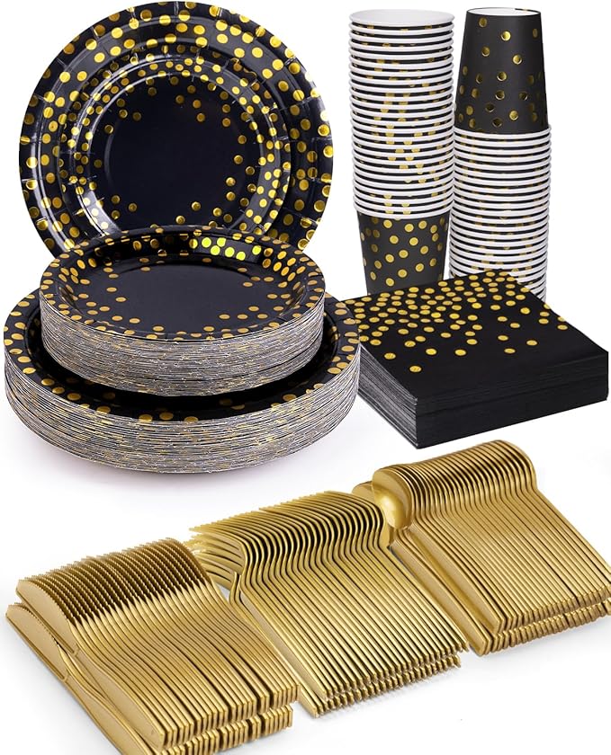 350 Pieces Party Supplies, Black and Gold Party Plates Cups and Napkins Sets with Plastic Knives forks spoons, Disposable Tableware Serves 50 Sets for Wedding, Birthday, Graduation, Festivals