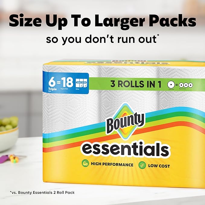 Bounty Essentials Select-A-Size Paper Towels, 6 Double Rolls, White, 108 Sheets Per Roll