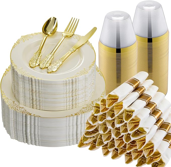 Bestluck 350PCS Ivory Plastic Plates for 50 Guests, Disposable Dinnerware Sets Include 100 Gold Rim Plastic Plates, 50 Silverwares, 50 Cups, and 50 Pre Rolled Napkins for Party, Wedding, Graduation