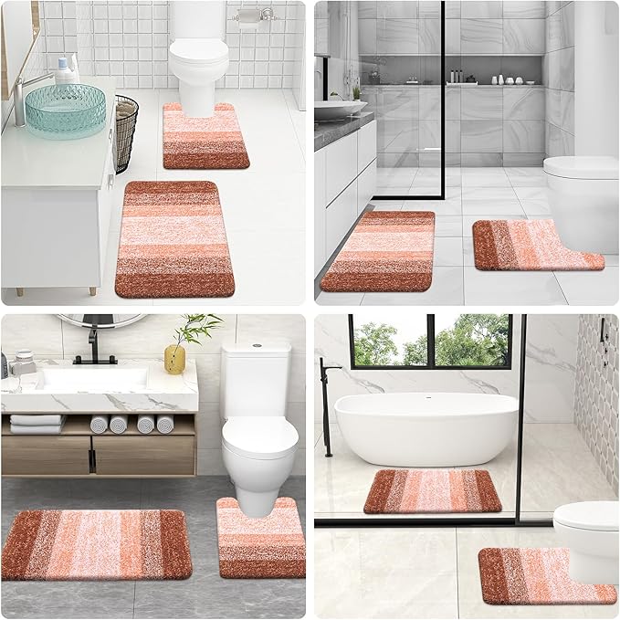 OLANLY Bathroom Rugs Sets 3 Piece, Soft Absorbent Microfiber Bath Mats and U-Shaped Contour Toilet Rug, Plush Shaggy Bath Mat Set for Bathroom (30"x20"+24"x16"+24"x20", Orange)