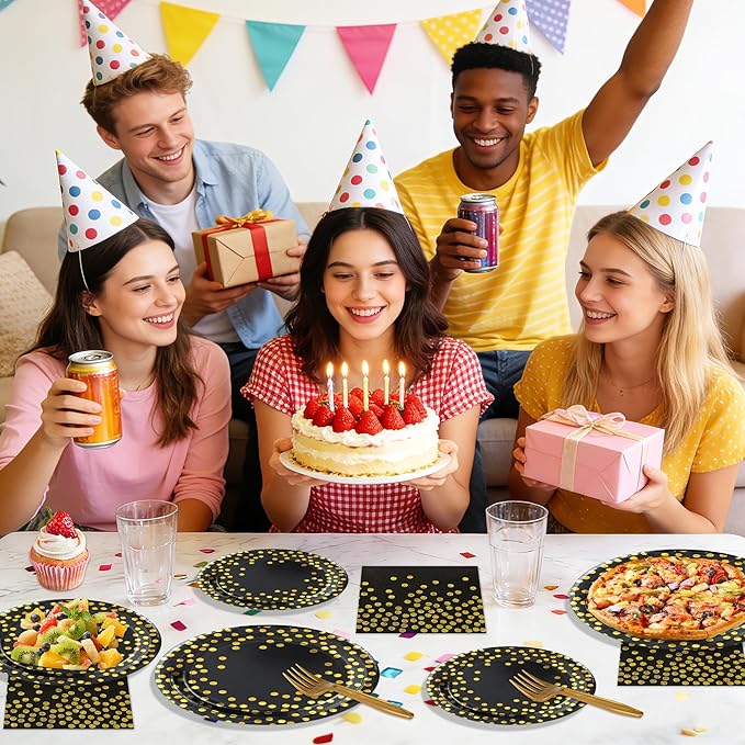 100 Pcs Black and Gold Paper Plates and Napkins Party Supplies,Serves 25 Guests Black Gold Plates and Napkins,Disposable Paper Tableware Set for Birthday Graduation Retirement Decorations