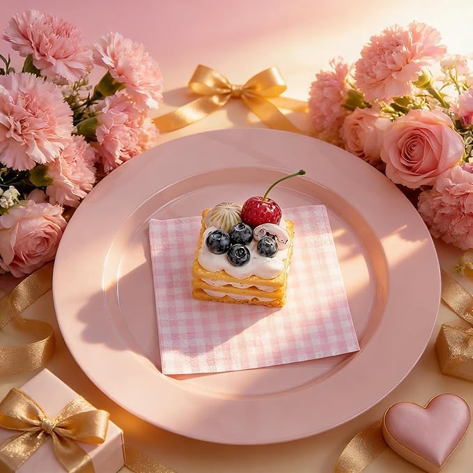 FLOWERCAT 200PCS Pink Plastic Plates Disposable Plates for Party - Heavy Duty Plastic Plates - 100 10" Pink Dinner Plates and 100 7" Pink Salad Plates for Weddings,Parties,Mother's Day