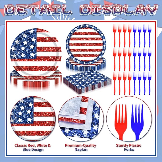 100 Pieces Patriotic 4th of July Tableware Set – American Flag Disposable Plates, Napkins and Forks, Glitter Stars and Stripes Party Supplies for Independence Day and Memorial Day Decorations