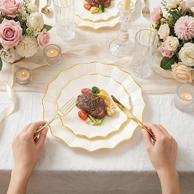 U-QE 150PCS Ivory and Gold Plastic Plates with Gold Disposable Silverware for 30 Guests, Vintage Ivory Plastic Plates Include 30 Dinner Plate,30 Dessert Plate,90 Cutlery for Bridal Shower, Party