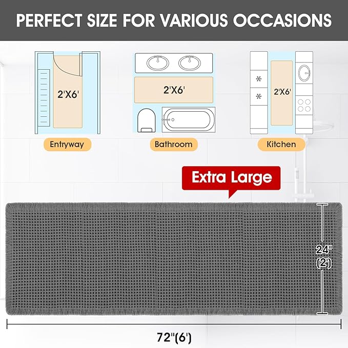 ACCUMTEK Extra Large Waffle Bath Mat, 6'x2' Grey, Super Absorbent Non-Slip Quick Dry Bathroom Rugs with Tassels, Machine Washable Ultra Soft Boho Bath Rugs for Floor, Toilet Mats Boho Farmhouse Decor