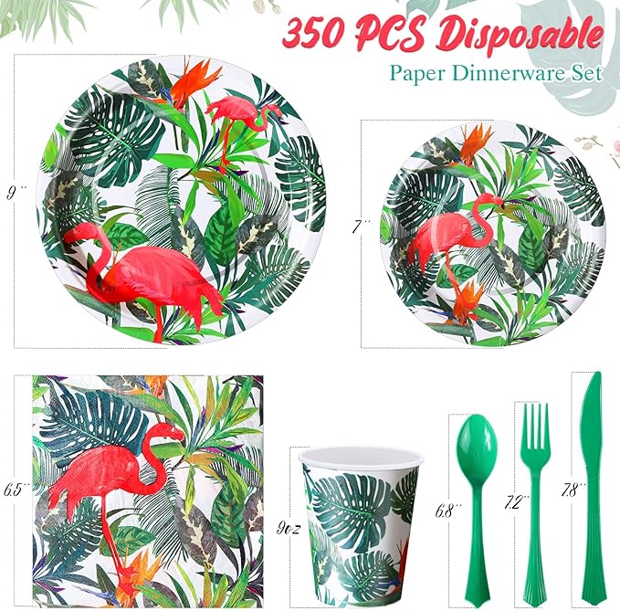 FillTouch 350 Pcs Flamingo Party Supplies Serve 50 Guests Hawaiian Luau Flamingo Birthday Decorations Include Plates Napkins Cups Knives Forks Spoons Disposable Dinnerware Set for Summer Birthday
