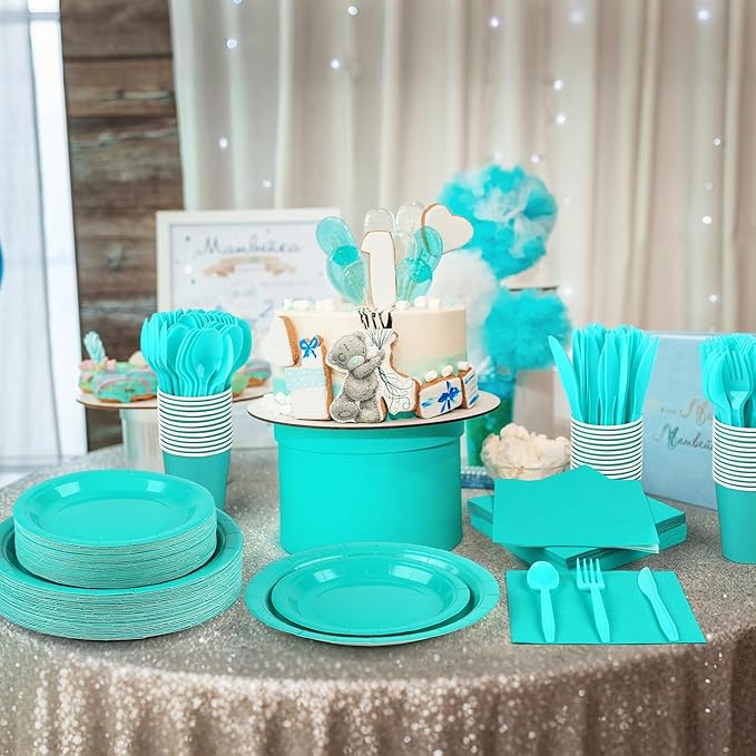 Kochorie 350 Pieces Teal Blue Dinnerware Set, 7 & 9 inch Dessert Paper Plates Cups Napkins Plastic Cutlery Disposable Party Supplies for Birthday Baby Shower Wedding, Serve 50 Guests