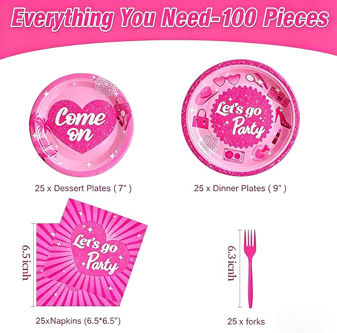 100 Pcs Let's Go Party Supplies for 25 Guests, Heavy-Duty 7" & 9" Paper Plates, 2-Ply 13" Napkins & Plastic Forks, Disposable Pink Tableware Set for Wedding Bridal Shower Party