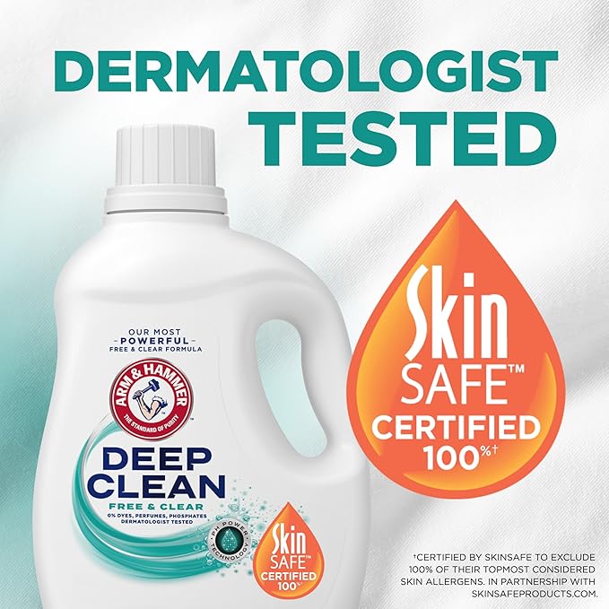 ARM & HAMMER Deep Clean Free & Clear Liquid Laundry Detergent, Free of Dyes, and Perfumes, Dermatologist Tested, 75 Fl Oz, 50 Loads