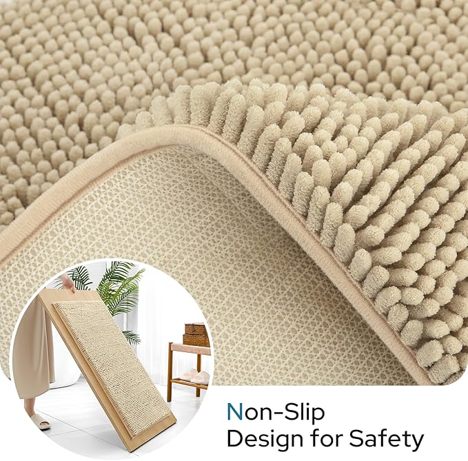 BYSURE Beige Bathroom Rugs Sets 3 Piece with Toilet Lid Cover Non Slip Extra Absorbent Plush Chenille Soft Washable Bath Mats