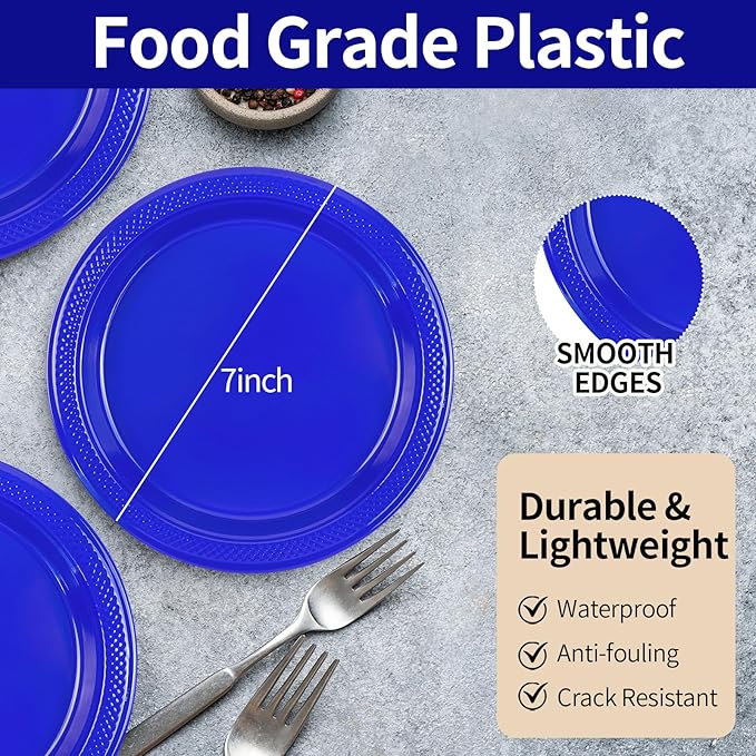 50-Pack Royal Blue Plastic Plates - 7 Inch Disposable Party Plates, Plastic Dessert Plates Cake Plates for BBQ Picnic Birthday Party Supplies (Royal Blue, 7 Inch)