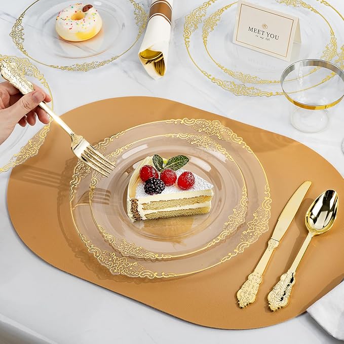Bestluck 350PCS Clear Plastic Plates for 50 Guests, Disposable Dinnerware Sets Include 50 Gold Rim Plastic Plates, 25 Silverwares, 25 Cups, and 25 Pre Rolled Napkins for Party, Wedding and Graduation