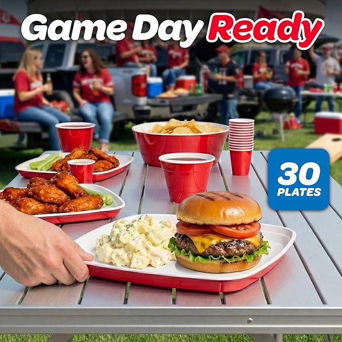 GoBig Red Plastic Disposable Plates - 30 Count 10 Inch - Square Heavy Duty Red Cup Party Plates