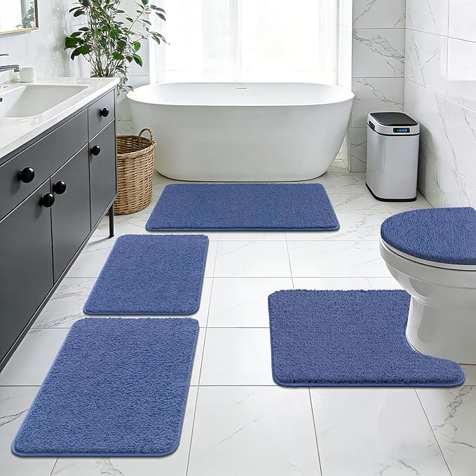 SHACOS 5 Pieces Bathroom Rugs Set with Toilet Lid Cover Ultra Soft Absorbent Microfiber Bath Mat U Shape Contour Rug for Bathroom, Non Slip Machine Washable Bath Runner Rugs for Bedroom, Kitchen, Blue
