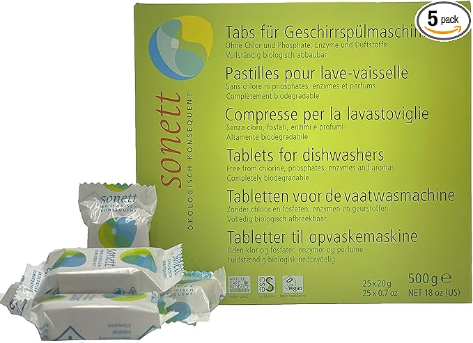 Sonett Organic Dishwasher Tablets 25 Count Deep Clean Dish Tab Fresh Scent 25 tablets x 0.67oz,18 fl.oz/ 500gr (5 Count)