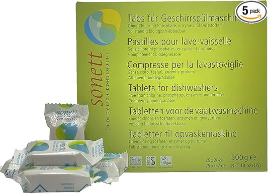 Sonett Organic Dishwasher Tablets 25 Count Deep Clean Dish Tab Fresh Scent 25 tablets x 0.67oz,18 fl.oz/ 500gr (5 Count)