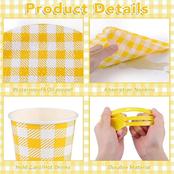 NatNarr 175 Pcs Gingham Party Supplies Include Yellow Gingham Plates and Napkins Cups Plastic Cutlery Disposable Yellow Checkered Plates Set for Golf Master Party, Picnic, Baby Shower