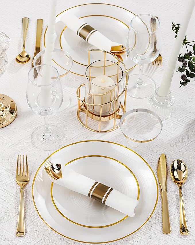 Morejoy 175PCS Pearl White and Gold Plastic Plates - Disposable Gold Party Plates & Pre Rolled Napkins with Cutlery for 25 Guests, 50Plates, 75Silverware, 25Cups, 25Napkin for Party & Mother's Day