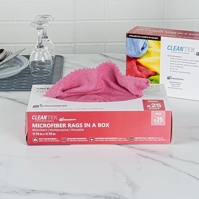Restaurantware-Clean Tek Professional 11.81 x 11.81 Inch Microfiber Rags In a Box, 250 Absorbent Cleaning Cloths - No-Scratch, Pink Microfiber Reusable Edgeless Cleaning Towels, Leaves No Streak