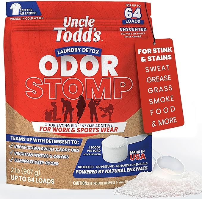 Uncle Todd’s Bio Enzyme Laundry Booster - 2 lb (64 Loads) Odor Stomp Laundry Sanitizer Additive - Clothes Stain Remover - Removes Sweat, Body Odor & Tough Stains - Fragrance Free, Works in Cold Water