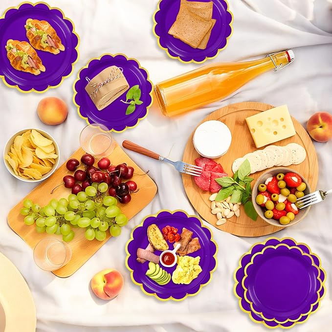50 Pcs Purple Paper Plates, 25 Pcs 9" and 25 Pcs 7" Disposable Dark Purple Scalloped Plates with Gold Foil for Graduation Wedding Baby Shower Birthday Party Picnic BBQ