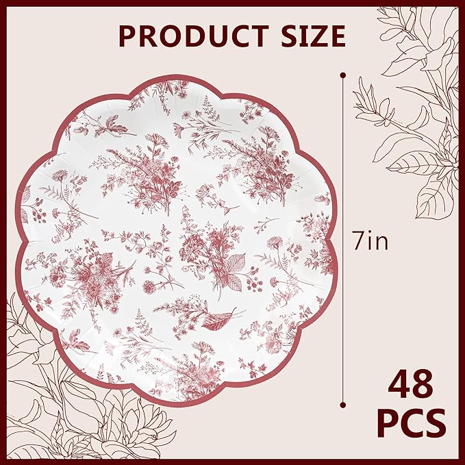 48Pcs Red Floral Party Plates Vintage Floral Leaf Disposable Paper Plate Wildflower Red Toile 7" Scalloped Rim Dessert Plates for Christmas Birthday Bridal Tea Party Supplies