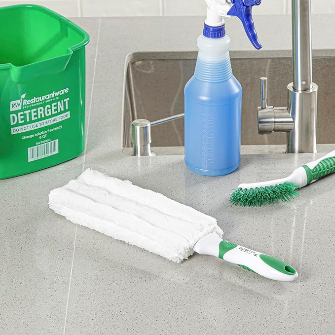 Restaurantware Duster 1 Pack of 14.7 x 3.4 x 1.1 Inch Cotton Duster Washable Multipurpose Cleaning Tool Non-Slip Handle Green and White Dust Remover Tool