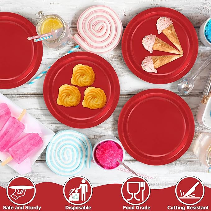 QZYL 50 Pieces Heavy Duty Paper Plates, 7 Inches Red Dessert Plates Disposable, Quality Party Tableware Set, Sturdy Disposable Plates for Wedding Bridal Baby Shower Party Birthday Party Decorations