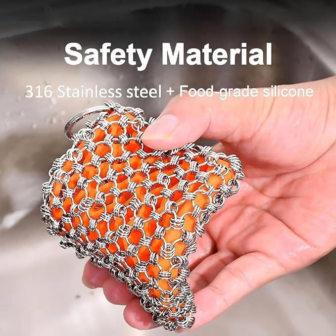 NTMY 316 Stainless Steel Pan Cleaner with Silicone Core – 4.5 Inch Dish Pot Brush,Cast Iron Scrubber, Metal Dish Scrubber,Chain Mail Scrubber for Oven&Grill Kitchen Cleaning Black
