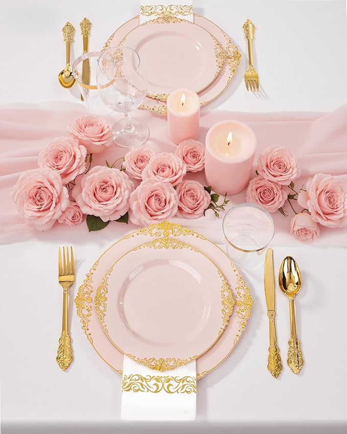 Nervure 350PCS Pink Plastic Plates - Pink Plastic Dinnerware Sets for 50 Guests - 100 Disposable Plates, 150 Gold Silverware, 50 Cups, 50 Napkins Perfect for Wedding & Party