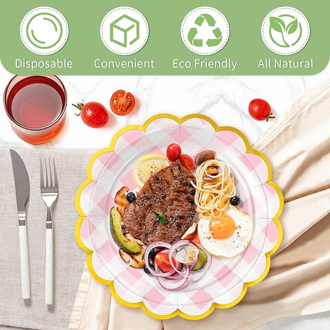50 Pcs Pink and White Checkered Paper Plates, 25 Pcs 9" and 25 Pcs 7" Disposable Pink Gingham Scalloped Plates with Gold Foil for Graduation Wedding Baby Shower Birthday Party Picnic BBQ