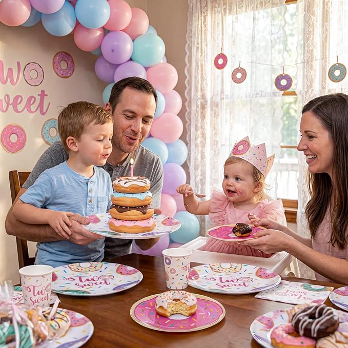 Liacere 32Pcs Donut Party Plastic Plates - Donut Birthday Party 7/10-Inch Dessert Plates Disposable Tableware Dinnerware for Two Sweet Girls' Birthday