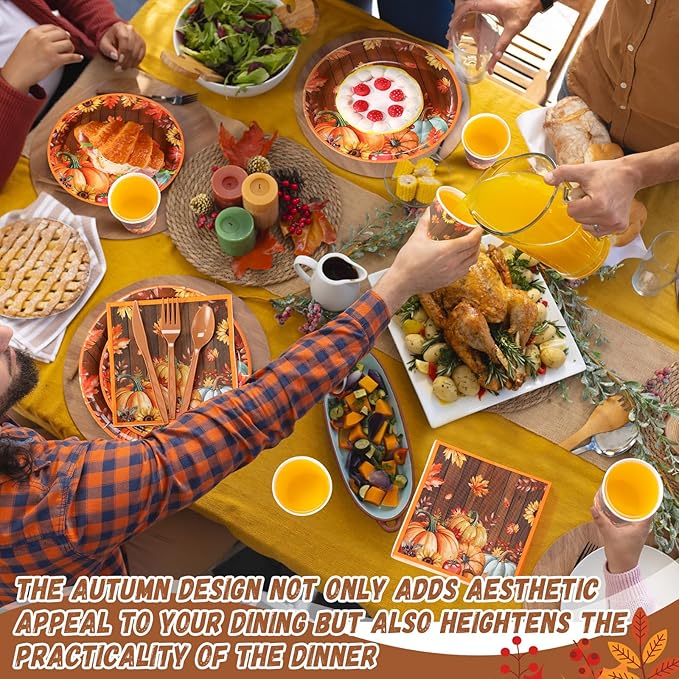 Pickmesh 400 Pcs Thanksgiving Plates and Napkins Set, Fall Pumpkin Paper Plates and Cups with Plastic Cutlery, Pumpkin Maple Leaf Disposable Tableware for Autumn Harvest Party Supplies