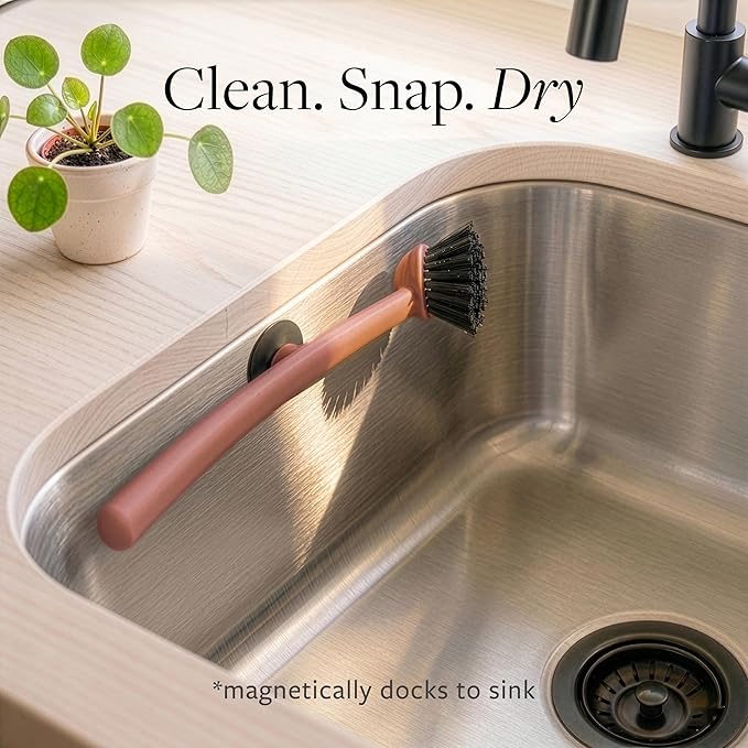 Earth & Mango Magnetic Dish Brush & Scraper, Snaps to Sink, Non-Scratch, Dishwasher Safe, Dish Scrubber – Terracotta Clay