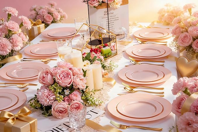 FLOWERCAT 200PCS Pink Plastic Plates Disposable Plates for Party - Heavy Duty Plastic Plates - 100 10" Pink Dinner Plates and 100 7" Pink Salad Plates for Weddings,Parties,Mother's Day