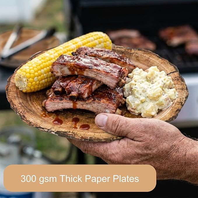 100 Pcs Rustic Wood Grain Slice Party Supplies for 25 Guests, Heavy-Duty 7" & 9" Paper Plates, 2-Ply 13" Napkins & Plastic Forks, Disposable Tableware Set for Camping Forest Woodland Party