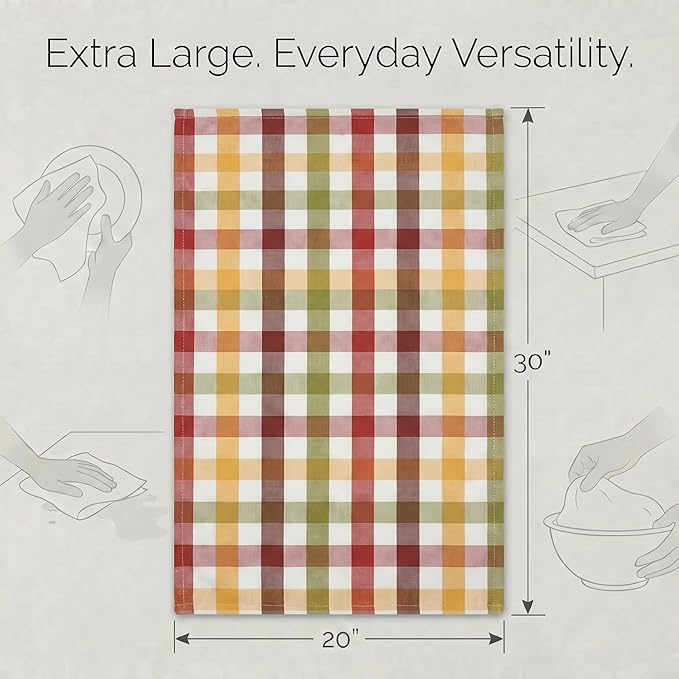 Urban Villa Kitchen Towels 100% Cotton Dish Towels for Kitchen (Set of 6) 20”x30” Dish Cloths Highly Absorbent Kitchen Linen Set with Hanging Loop Perfect for Drying Dishes Cleaning – Harvest Checks