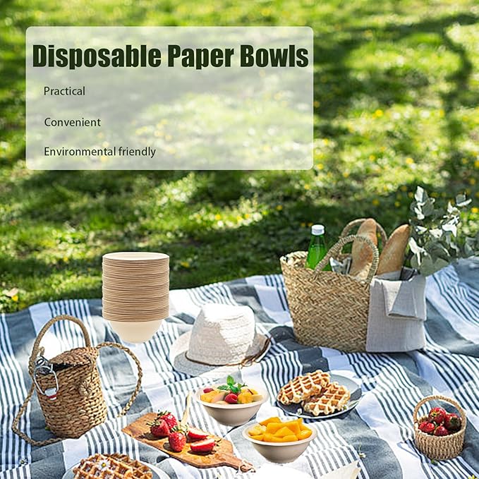 100 Pack 8oz Compostable Paper Bowls,Heavy-Duty Disposable Natural Bagasse Bowls,Biodegradable Soup Bowls,Eco-Friendly,Heat Resistant,for Ice Cream,Salad,Soup,Snack,Dessert,Pasta,Hot or Cold Use