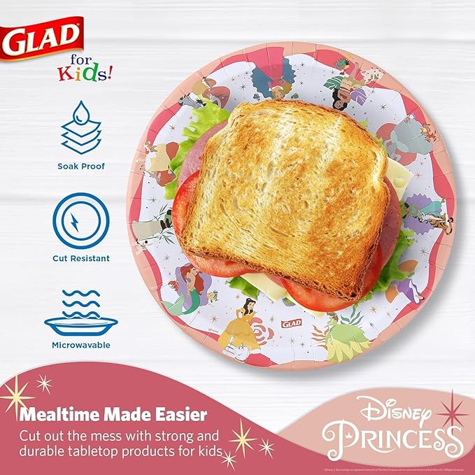 Glad for Kids Disney Princess Disposable Paper Plates, Magic is in All of Us - Heavy Duty, Soak Proof, Microwavable, Kid-Friendly Snack Plates for Everyday Use, 8.5 Inch, 24 Count - 10 Pack