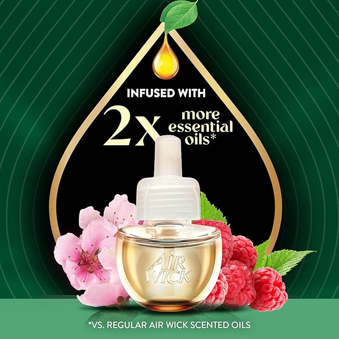 Air Wick Vibrant Plug In Scented Oil Refill, Infused with Essential Oils, Plug In Air Fresheners for Home, Cherry Blossom & Raspberry, 4 ct