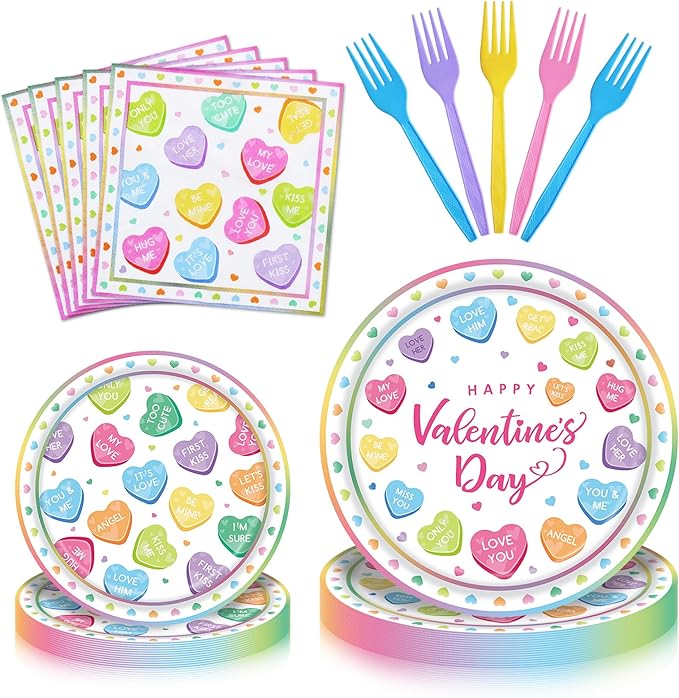 100 Pieces Valentine’s Day Party Tableware Set – Candy Heart Plates, Napkins and Forks, Love Heart Disposable Dinnerware for Valentine Classroom Party and Birthday Supplies