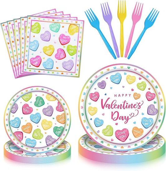 100 Pieces Valentine’s Day Party Tableware Set – Candy Heart Plates, Napkins and Forks, Love Heart Disposable Dinnerware for Valentine Classroom Party and Birthday Supplies