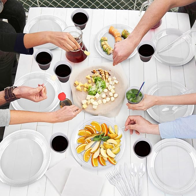 Aodaer 200 Pieces Clear Party Supplies Disposable Dinnerware Set Include Plastic Plates Cups Knives Forks Spoons Paper Napkins for Birthday Wedding Graduation Parties, Serve 25 Guests