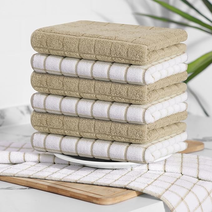 Homaxy Premium Cotton Kitchen Towels 16"x 28", Large Natural Ring Spun 390 GSM Dish Towels, Super Absorbent Terry Kitchen Hand Towels, Soft Tea Towels with Hanging Loop, Tan Check Design, 4 Pack