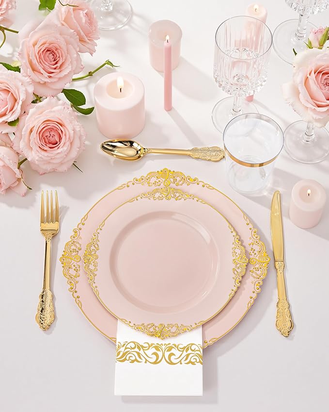 Nervure 350PCS Pink Plastic Plates - Pink Plastic Dinnerware Sets for 50 Guests - 100 Disposable Plates, 150 Gold Silverware, 50 Cups, 50 Napkins Perfect for Wedding & Party