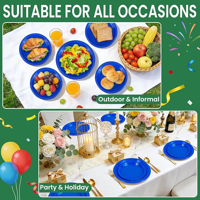 LANLISA 50 Pcs Blue Plastic Plates For Party, 25-9" & 25-7" Disposable Cake Dessert Plates For Birthday, Patriotic Decorations, Veterans Day Dinner