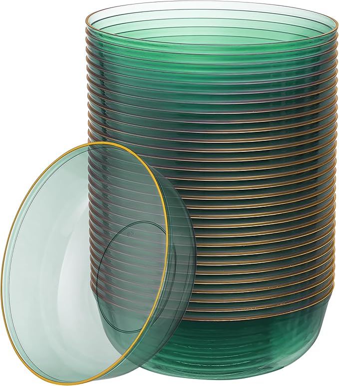 PLASTICPRO Plastic Party Plates Edge Collection Premium heavyweight Elegant Disposable Tableware Dishes (TRANSLUCENT GREEN WITH GOLD RIM, 16 OZ BOWLS)
