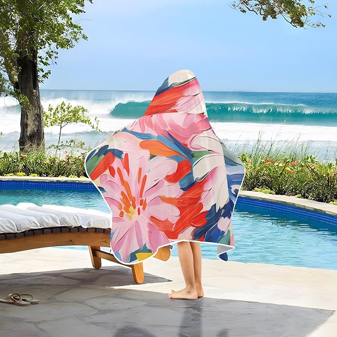 Hooded Towel for Kids Artistic Floral Pattern Beach Wrap Bath Towels 50x23.5in